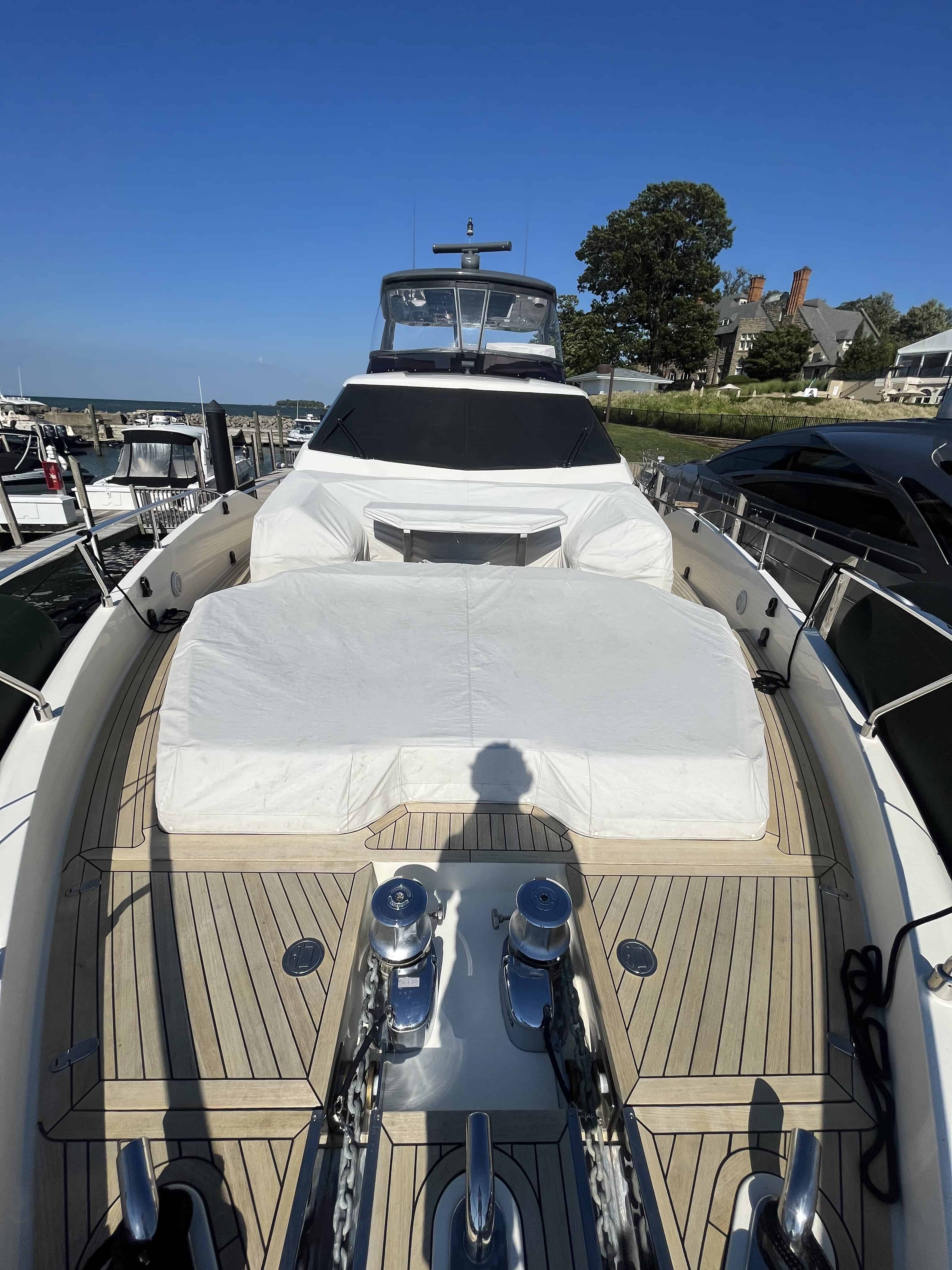 Freshly detailed yacht, bow-on view